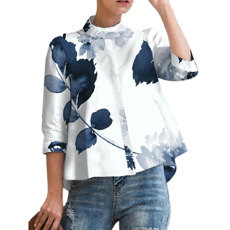 

Modigirl Vintage Floral Printed Stand Collar Blouses 2024 New Spring Summer Three-Quarter Sleeves Causal Shirts Tops For Women