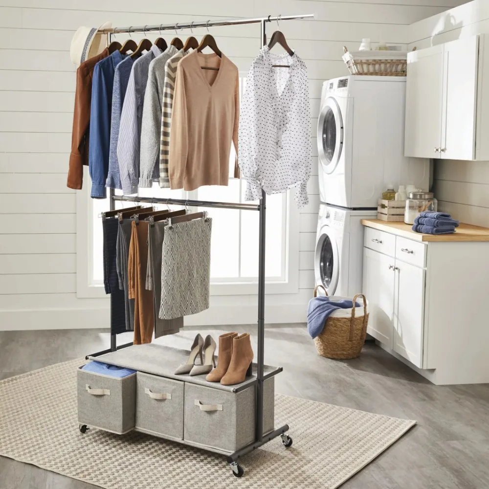 

2 Tier Garment Rack With 3 Drawer Closet Organizer Gray Rack for Clothes Free Shipping Laundry Room Organizer Cloth Hanger Coat