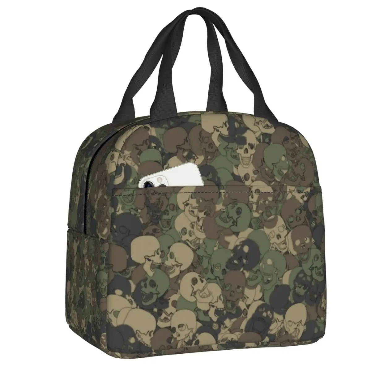

Green And Brown Camouflage Skulls Insulated Lunch Bag for Women Army Camo Cooler Thermal Bento Box Kids School Children