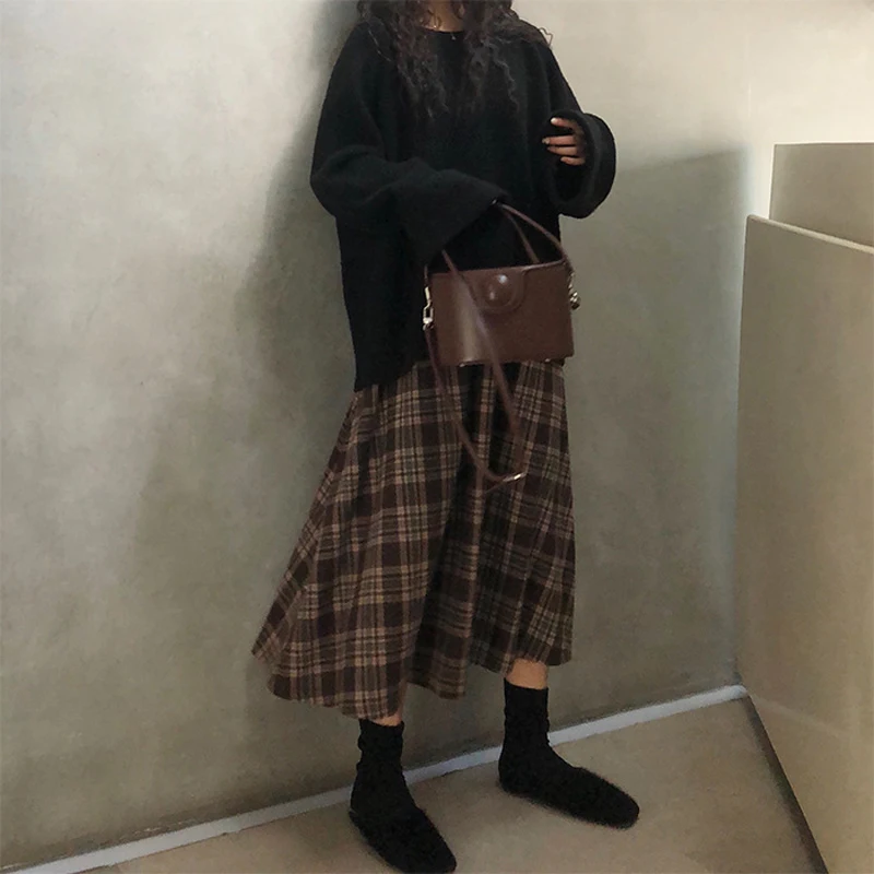 2022 Spring Autumn Korean Women Skirts Plaid Style Loose High Waist Midi A-line Skirt Fashion Streetwear Harajuku Woman Clothing silk skirt