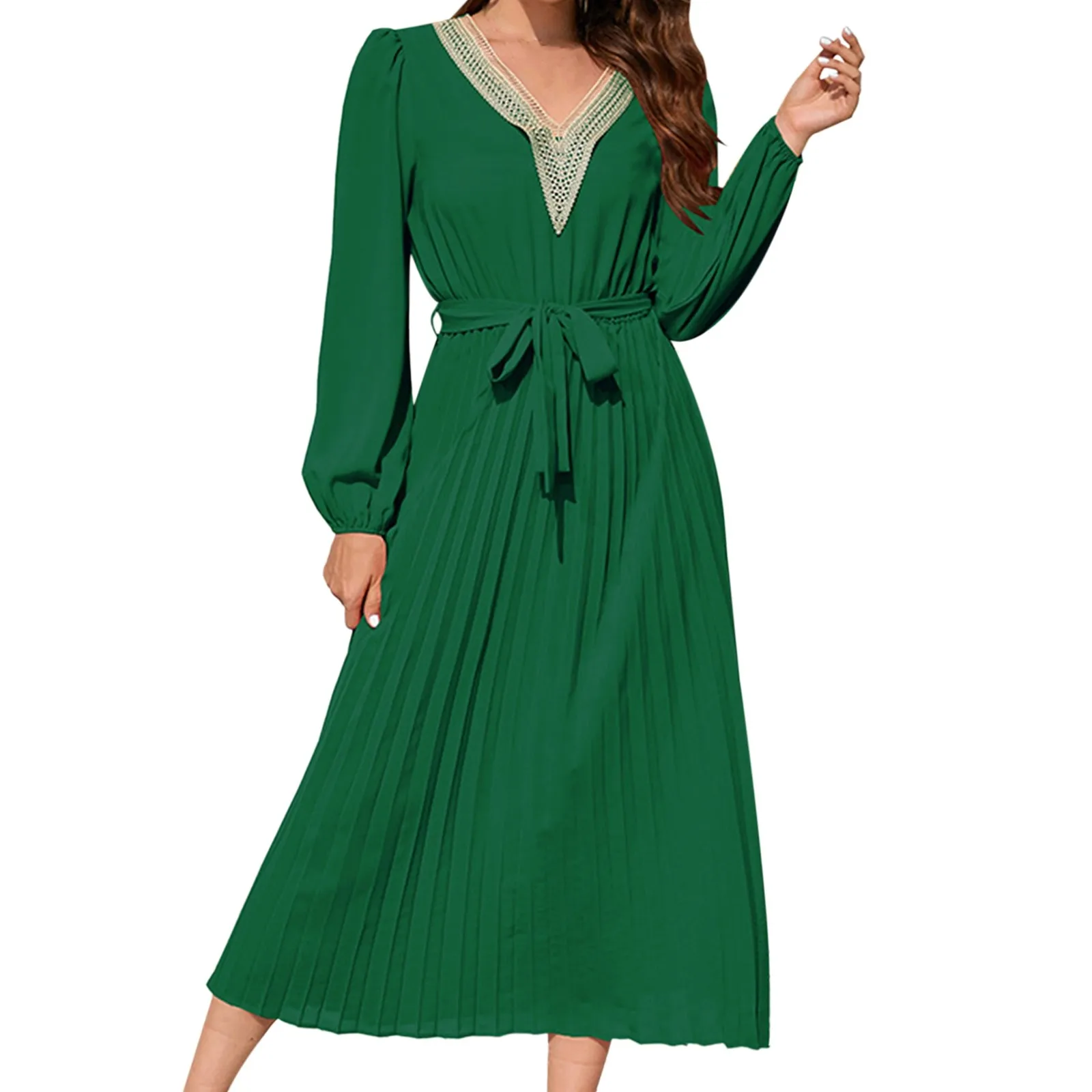 

2023 New Women Spring Autumn V Neck Lace Up High Waist Ruffle Edge Long Dress For Ladies Solid Color A Line Dresses Vestidos