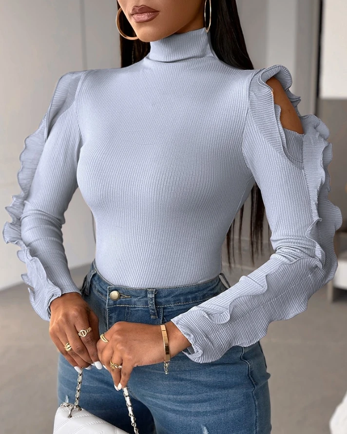 

Elegant Sweater for Women 2024 Autumn Turtleneck Ruffle Knitted Hollow Out Ruffle Hem Sleeve Rib Top All Match Slim Fit Pullover