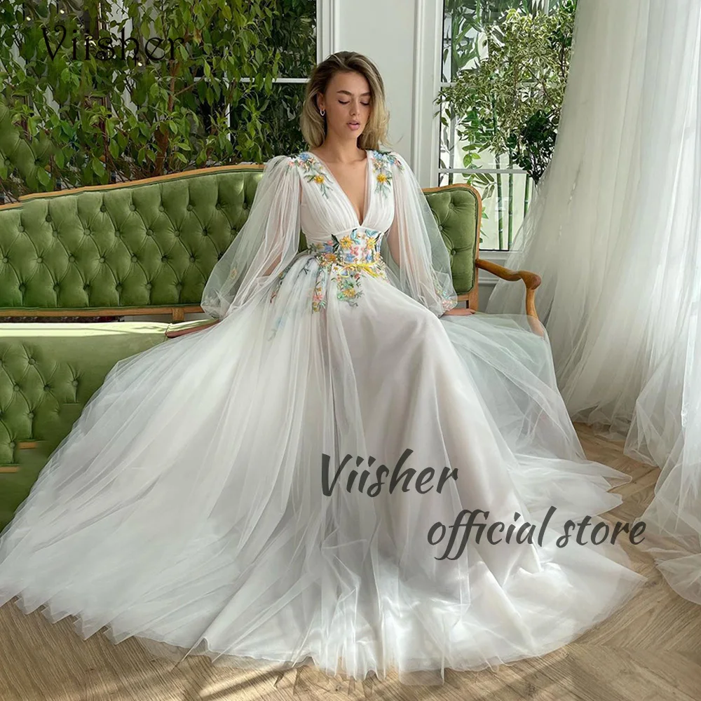

Viisher White Tulle Fairy Prom Party Dresses Long Sleeve V Neck Flower Appliques A Line Evening Dress with Train Formal Gowns