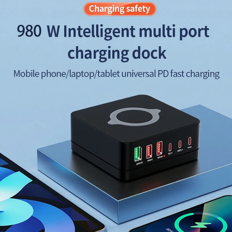 980W GaN Charger Wireless Charging Station QC4.0 3.0 PPS PD3.0 USB C Fast Charge for iPhone 16 15 14 Pro Macbook Laptops Tablet