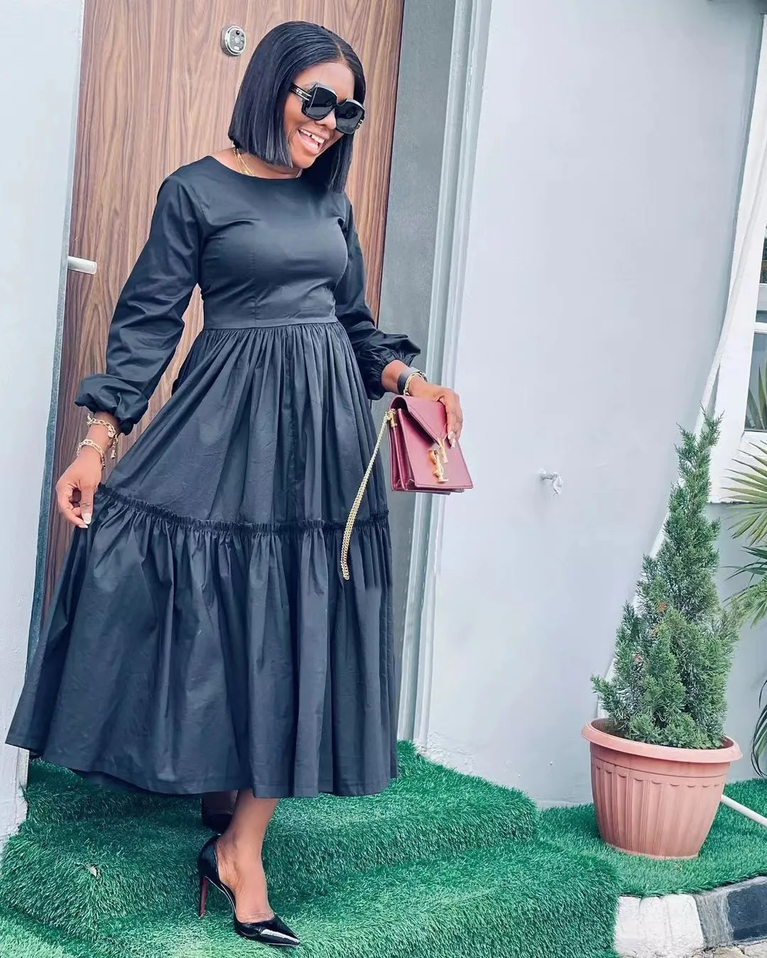 Elegant Women Casual Dresses Solid Color O-Neck Lantern Sleeve High Waist Sashes Ankle-length Pleated Dress Autumn 2022 New african dress style