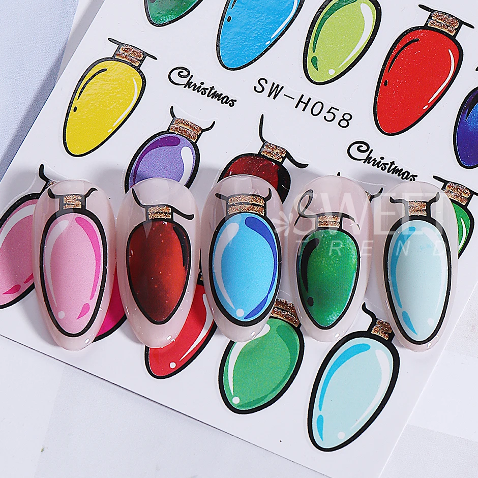 2pcs Christmas Light Bulb Nail Art Stickers 3D Colorful Light Bulb Pattern Design Adhesive Nail Decals DIY Manicure Decor Slider