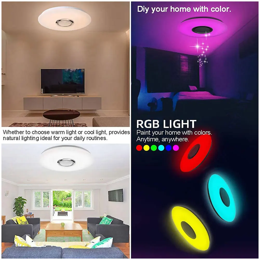 RGB LED Ceiling Light Dimmable Bluetooth-compatible Modern Ceiling Lamp with Speaker Intelligent LED Lamp for Home Children Room