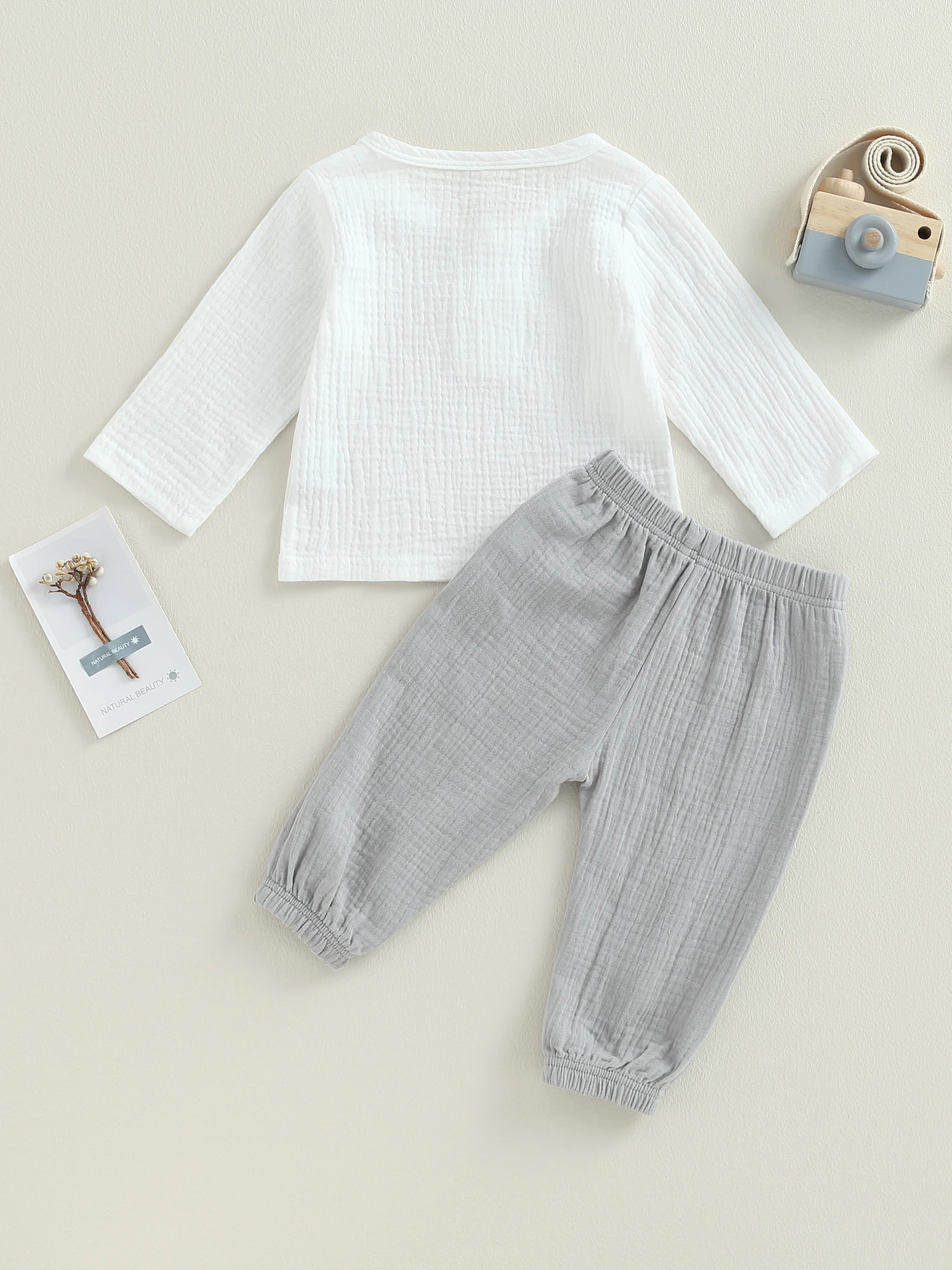 

Baby Boy Girl Clothes Toddler Cotton Linen Outfit Muslin Long Sleeve T-Shirt Tops Pants Set (A-White Grey 12-18 Months)