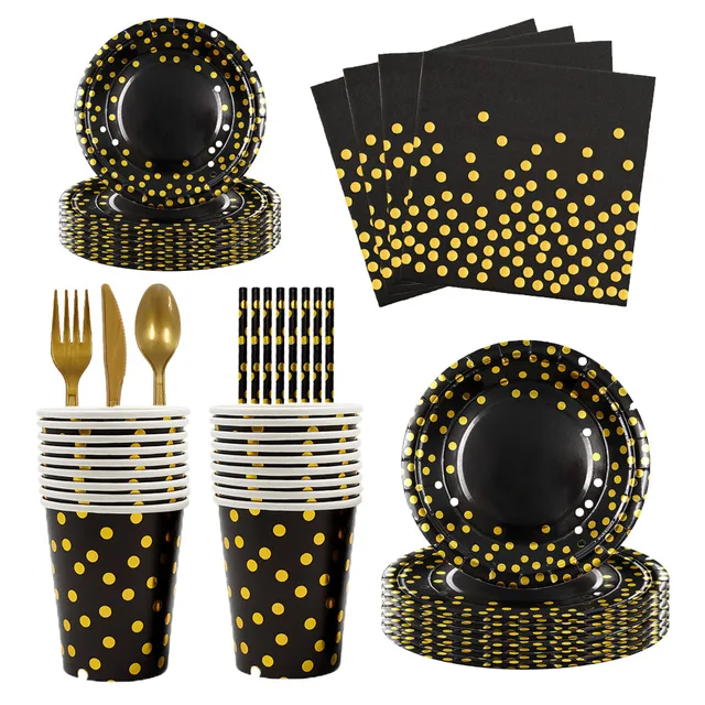 Black & Gold Party Tableware Set – Disposable Plates, Cups & Napkins 1