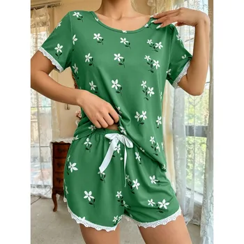 Women's Floral Print Pajamas Set 2026 Summer Short Sleeve Top And Shorts Sleepwear 2 Piece Set Casual Comfortable Home Wear