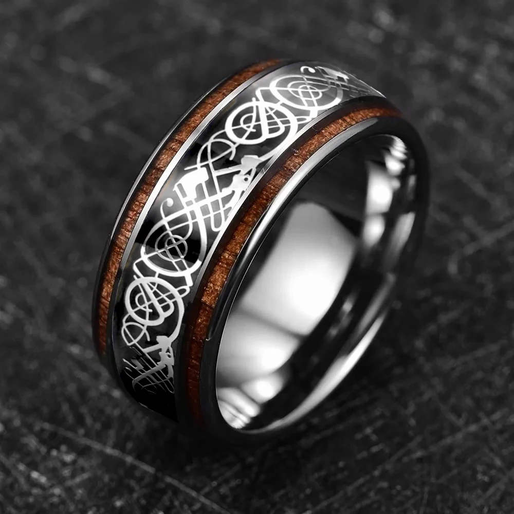 Men Stainless Steel Celtic Dragon Rings Koa Wood Inlay Black Carbon Fiber For Wedding Band Jewelry Gifts