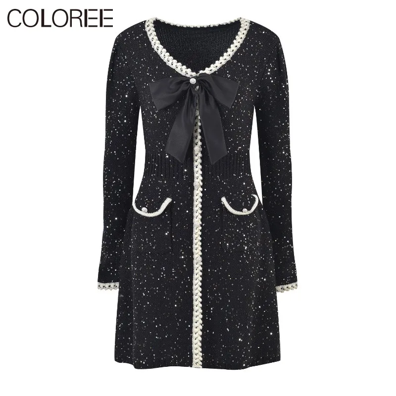 

Luxury Sequined Black Knitted Dress Women Runway Designer Elegant Bow V-neck Long Sleeve Mini Dresses 2023 Korean Vestidos