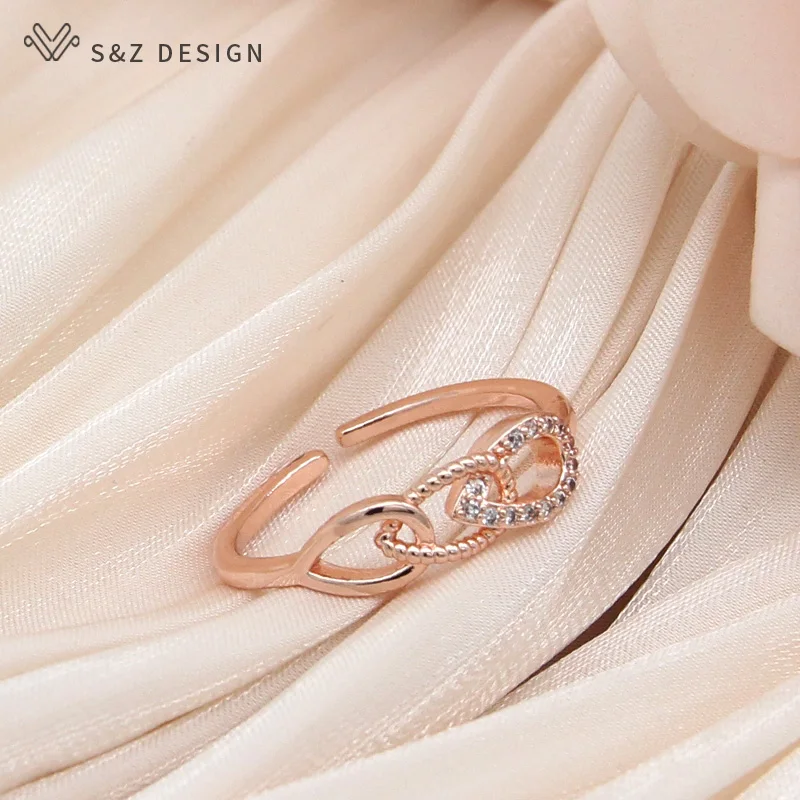 S&Z DESIGN New Fashion Temperament Wax Inlay Water Drop Cubic Zirconia Adjustable Rings For Women 585 Rose Gold Color Jewelry