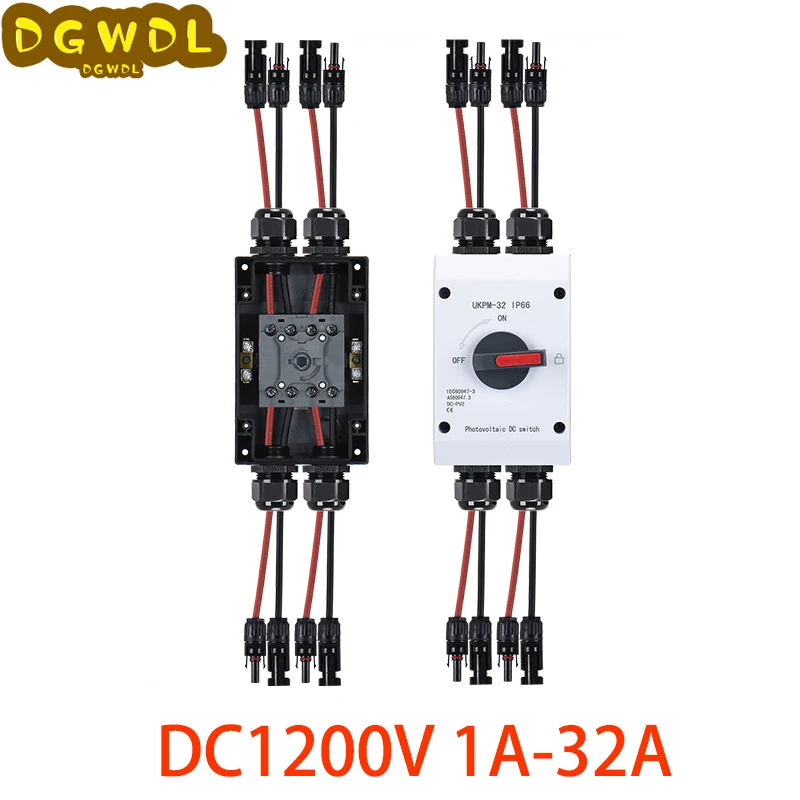 

Solar PV Photovoltaic DC Isolation Switch 1A-32A DC1000V 1200V 2 Strings 2 Out Waterproof Disconnect ON OFF Switch IP66