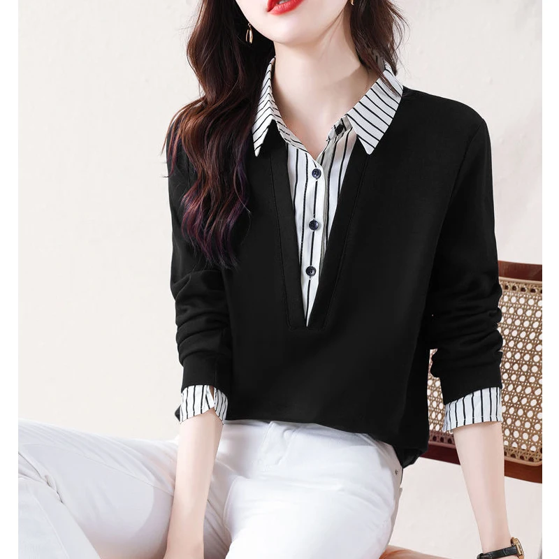 Korean Fashion Elegant Striped Print Patchwork Street Sweatshirt Women Casual Long Sleeve Slim Pullover Top Female Clothing 2023