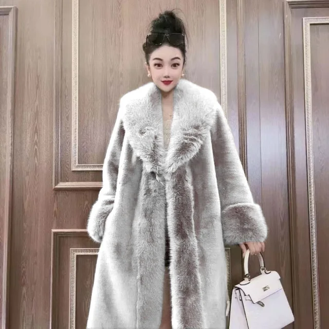 Faux Fur Coats Women Long Coat Thick Warm Turn Down Collar Open Stitch Spring Outerwear Jackets Elegant Splice Autumn Winter 3