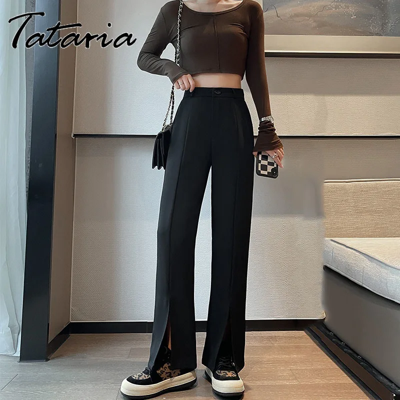 

Classic Wide Leg Pants Women Summer Soft Girl Aesthetic Black Pants with Slits Baggy High Waist Straight Trousers Streetwear