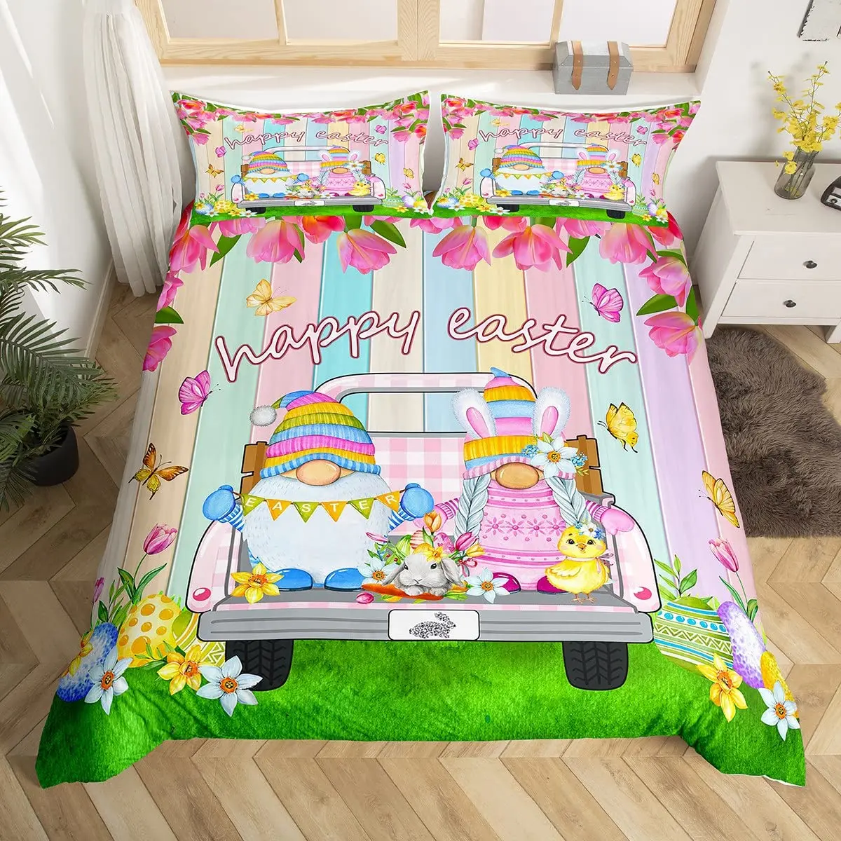 

Easter Eggs Gnome Duvet Cover Butterfly Tulip Flowers Bedding Set Microfiber Rainbow Wooden Plank Kawaii Dwarf Comforter Cover