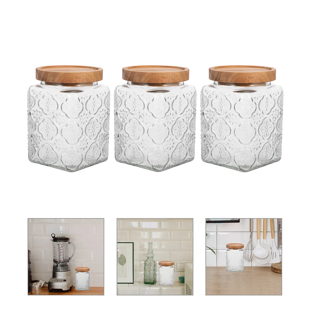 

Glass Jar Food Can Canisters with Wood Lids Grains Storage Tea Container Sugar Sealed