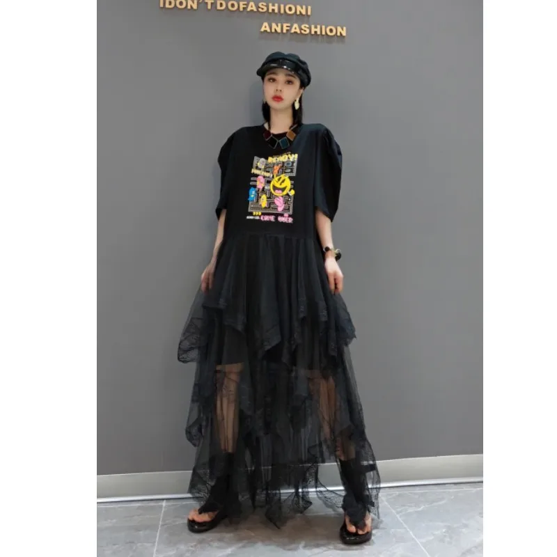 

2023 Summer New Fashion Dress Mesh Black Slim T-shirt Dress