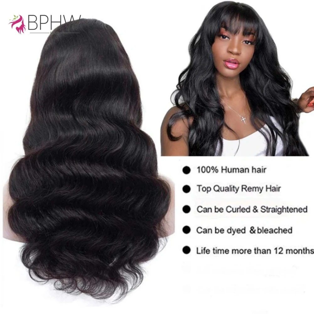 Body Wave Human Hair Wigs With Bangs 180 Density Machine Made Natural Color Long