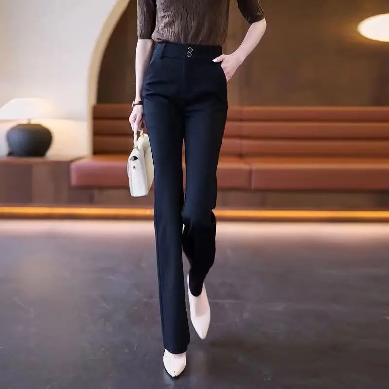 여성 하이웨이스트 슬림 플레어 팬츠, 단추 포켓, 클래식 통근 한국 바지, 단색 패션, 용수철 가을
