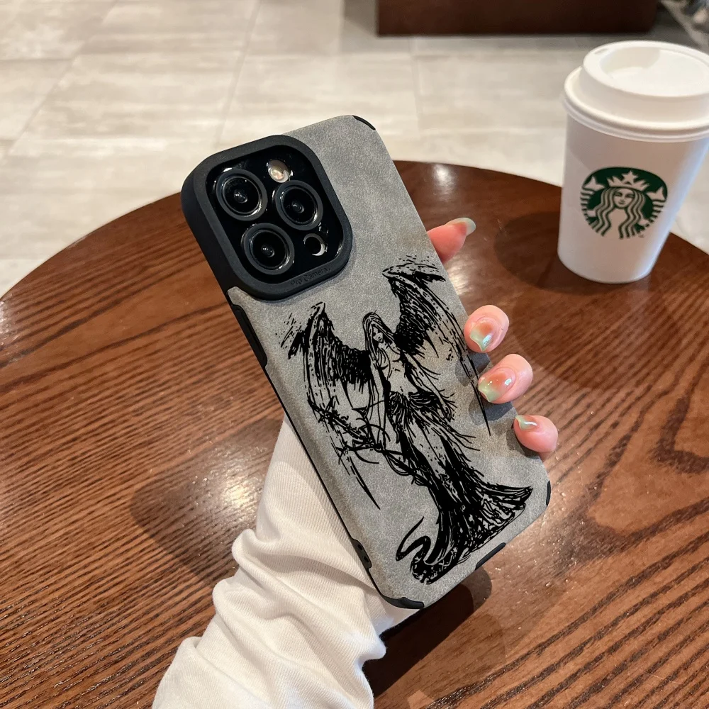 Elegant Black Angel Demon Suede Leather Silicone Phone Case - Luxury Soft Cover