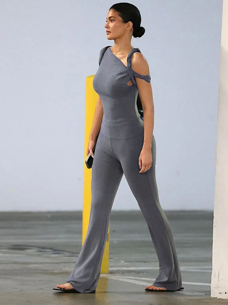Tossy Fashion One Shoulder Backless Pants Suit Summer Solid Color Casual Slim Elegant Pants Suit Women's Pants Suit 2-piece Set
