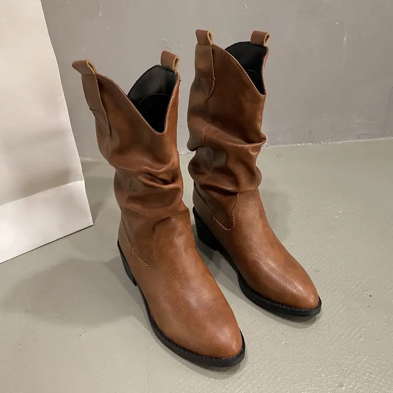 Women's Boots Winter  Fashion Casual Low Heel Non Slip Comfort Waterproof Pleated Leather Boots Cold Resistant Fashion Boots