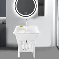 Freestanding Utility Sink w/ Washboard Floor Mount Hot + Cold Faucet Kit White Durable Laundry Sink Wash Bowl Basin Faucet Drain 1