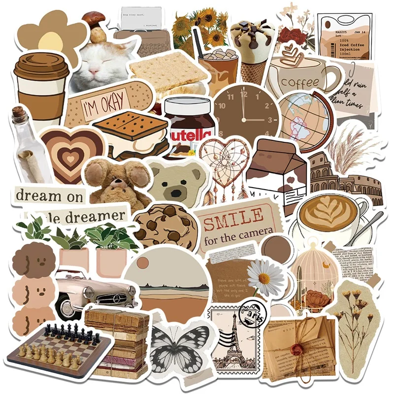 10/30/60PCS Vintage Brown Sticker Aesthetic PVC Laptop Sketchbook Children's Stationery Decoraction Scrapbooking School Supplies