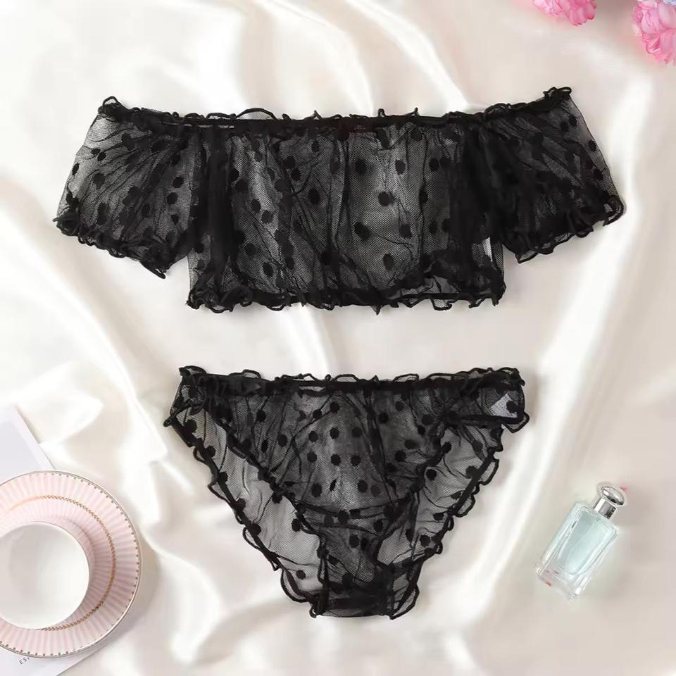 Sexy Adult Underwear Lace Dots Wire Free Female Lingerie Set Off-Shoulder Small Chest Bralette+Thong Beachwear Sheer Mesh Sets
