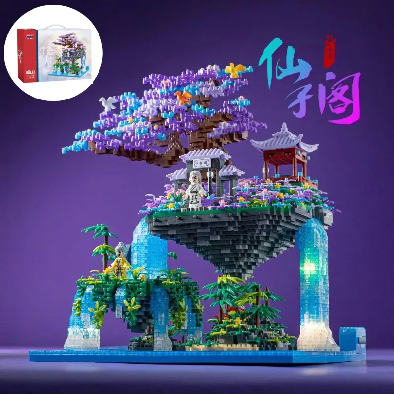 

Chinese Ancient Architecture Peach Blossom Pond Castle Model Building Block DIY Diamond Bricks with Light Children's Toy