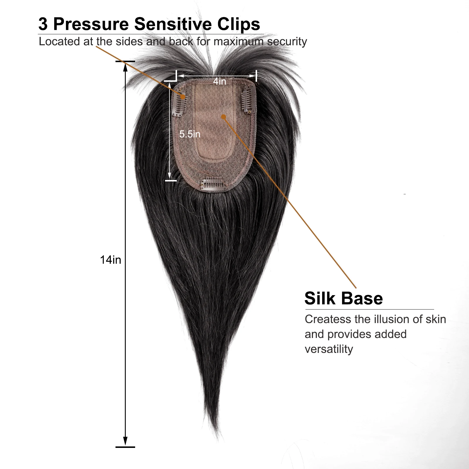 100% Black Remy Human Hair Toppers in Silk Base Short Straight Black 14 Inch Topper Wigs With Bangs in Hair Extensions for Women