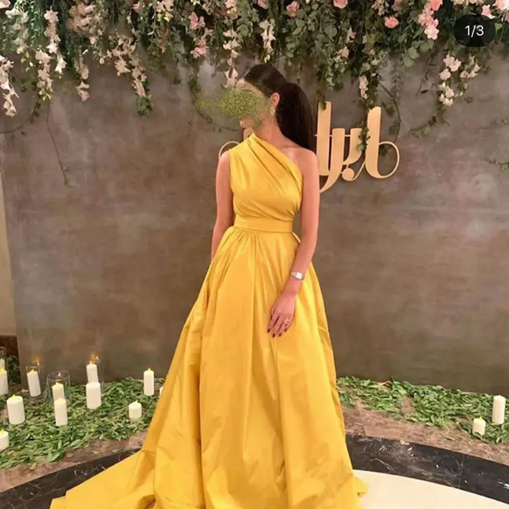 

Yellow Satin One Shoulder Evening Dresses for Women Elegant Pleated A Line Robe De Soiree Dubai Formal Party Prom Gowns Vestidos