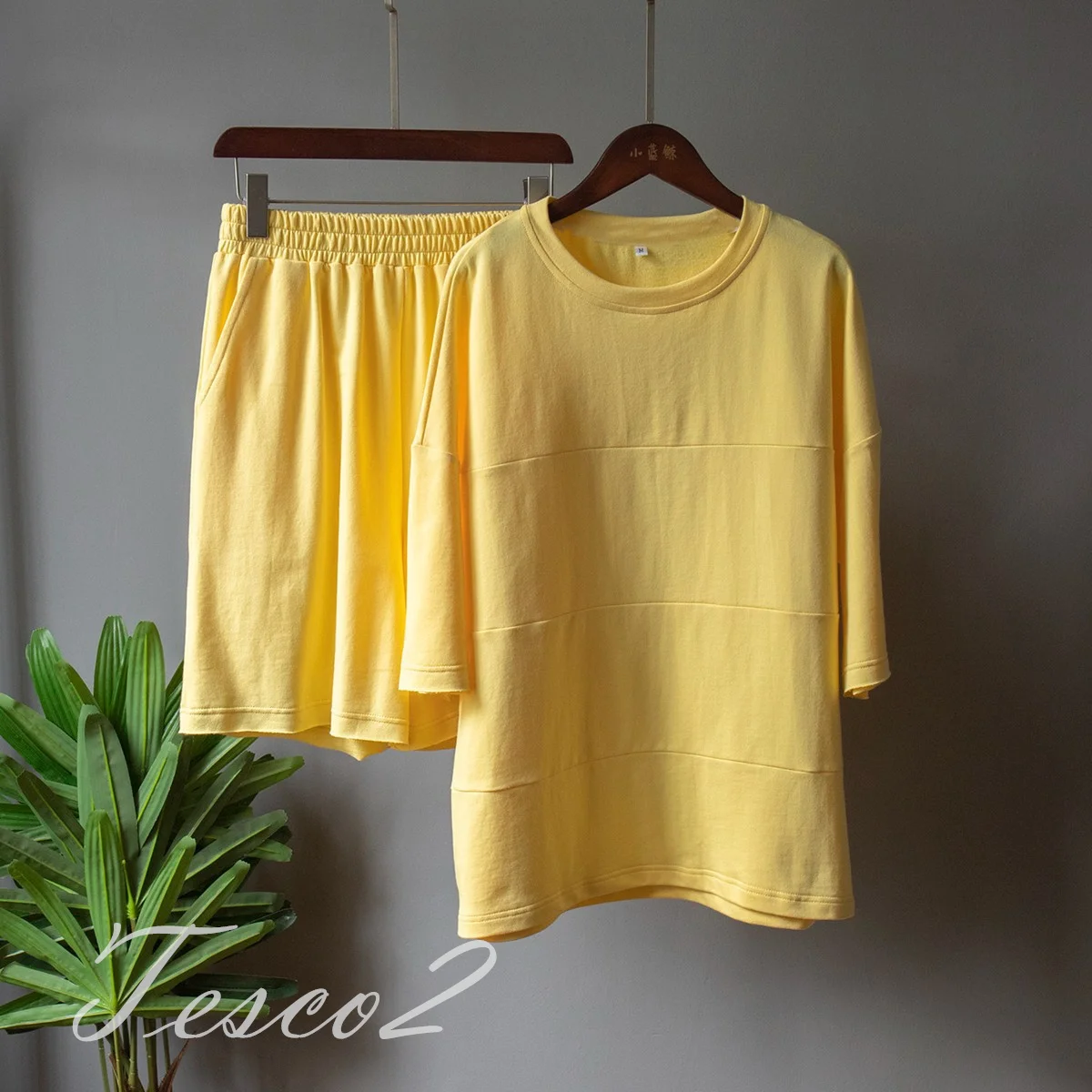 Tesco Casual Women's Pants Sets Half Sleeve Shirts Knee Length Trousers Solid Loose Summer Sets Yellow Cotton New Women Sets