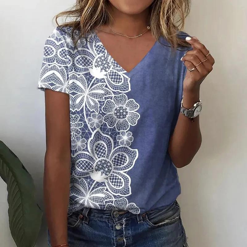 

2024 New Summer Streetwear Fashion Casual Loose and Versatile Short Sleeved V-neck Printed Cartoon Letter Women's T-shirt Top