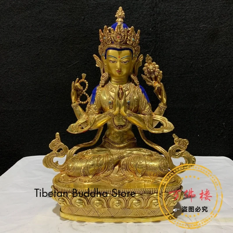 

33cm Four-Armed Avalokiteshvara Copper Gilt Boutique Inlaid Buddha Statue Tibetan Supplies Home Ornaments Factory Direct Sale