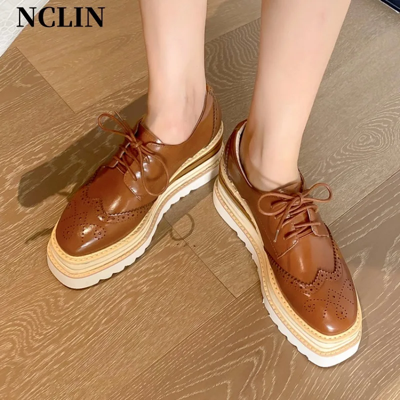 

Spring/Summer New Women's Shoes Chunky Heel Round Toe Shoes For Women Handmade Genuine Leather Sneakers Women's Vulcanized Shoes