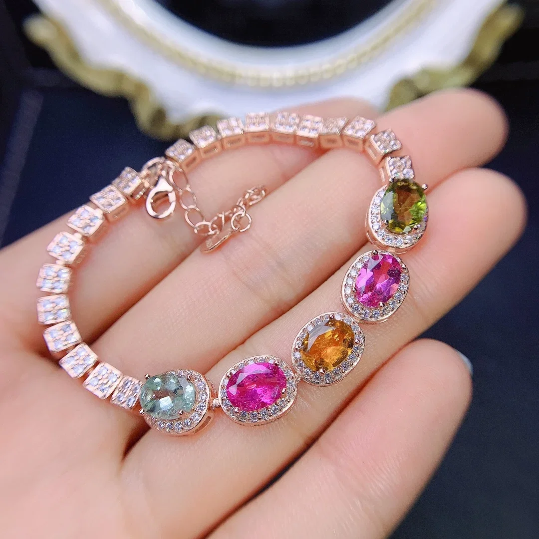 

925 Sterling silver natural tourmaline Bracelet Color crystal Transparent luxury ladies beautiful Christmas gift boutique