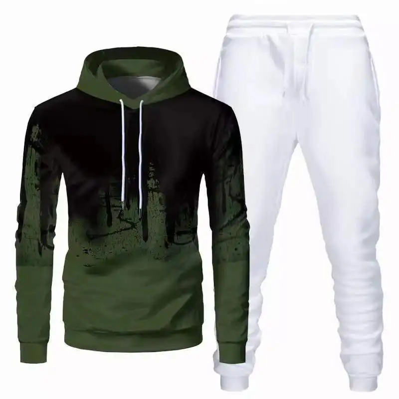 Men's Casual Fashion Solid Color Sweater Long Sleeve Sports Hooded 3D Sweater Trousers Suit