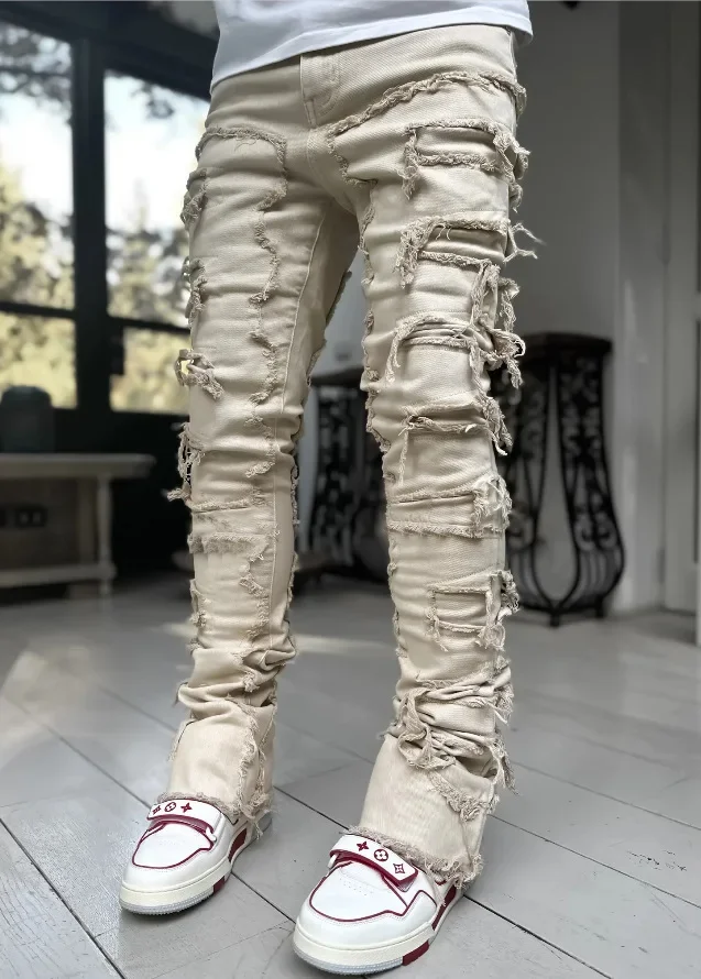 High Street White Men's Stacked Jeans Stretched Patchwork Tassel Damaged Denim Full Length Pants Hip-pop Trousers For Male 5