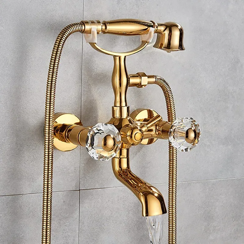 

Telephone Style Golden Waterfall Bathtub Faucet Bathroom Brass Bath Faucets Rotatb Spout Hot&Cold water Shower tap set