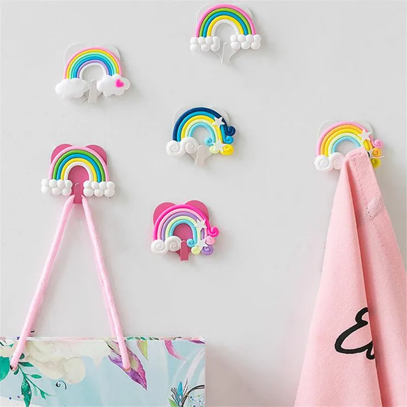 

6pcs Nordic Rainbow Hanging Hook Adhesive Key Holder Wall Mount Sticky Hanger for Clothes Towel Home Decoration Accessories