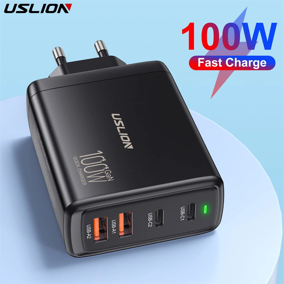

USLION 100W GaN Charger QC3.0 Dual USB-A Dual PD For Notebook or Mobile Phone High Power Fast Charger For iPhone 15 Huawei Poco