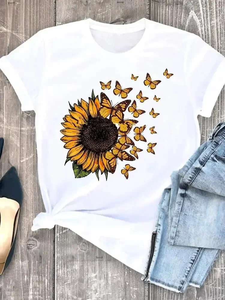 Summer Fashion Casual Sunflower Butterfly Print Women T