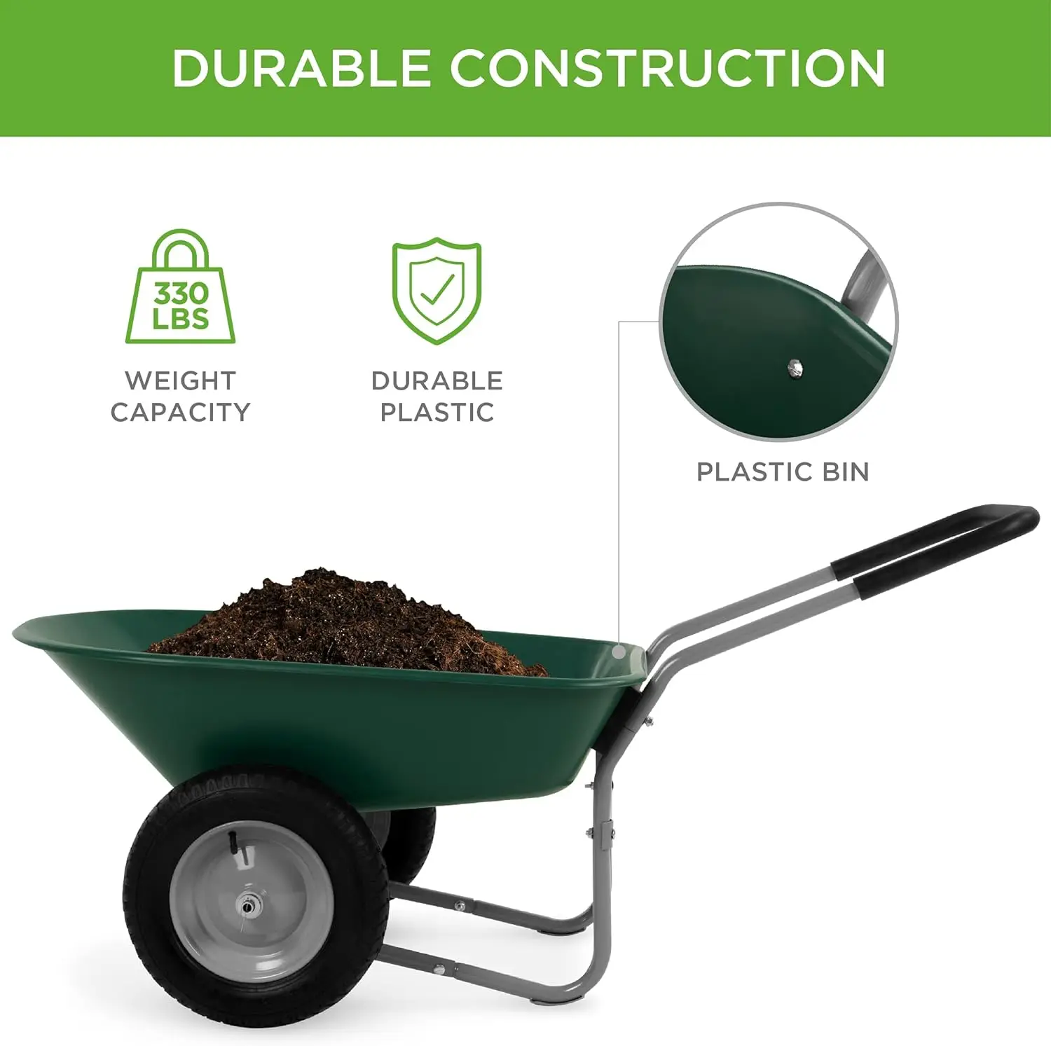 Best Choice Products Dual-Wheel Home Utility Yard Wheelbarrow Garden Cart w/Built-in Stand for Lawn, Gardening 3