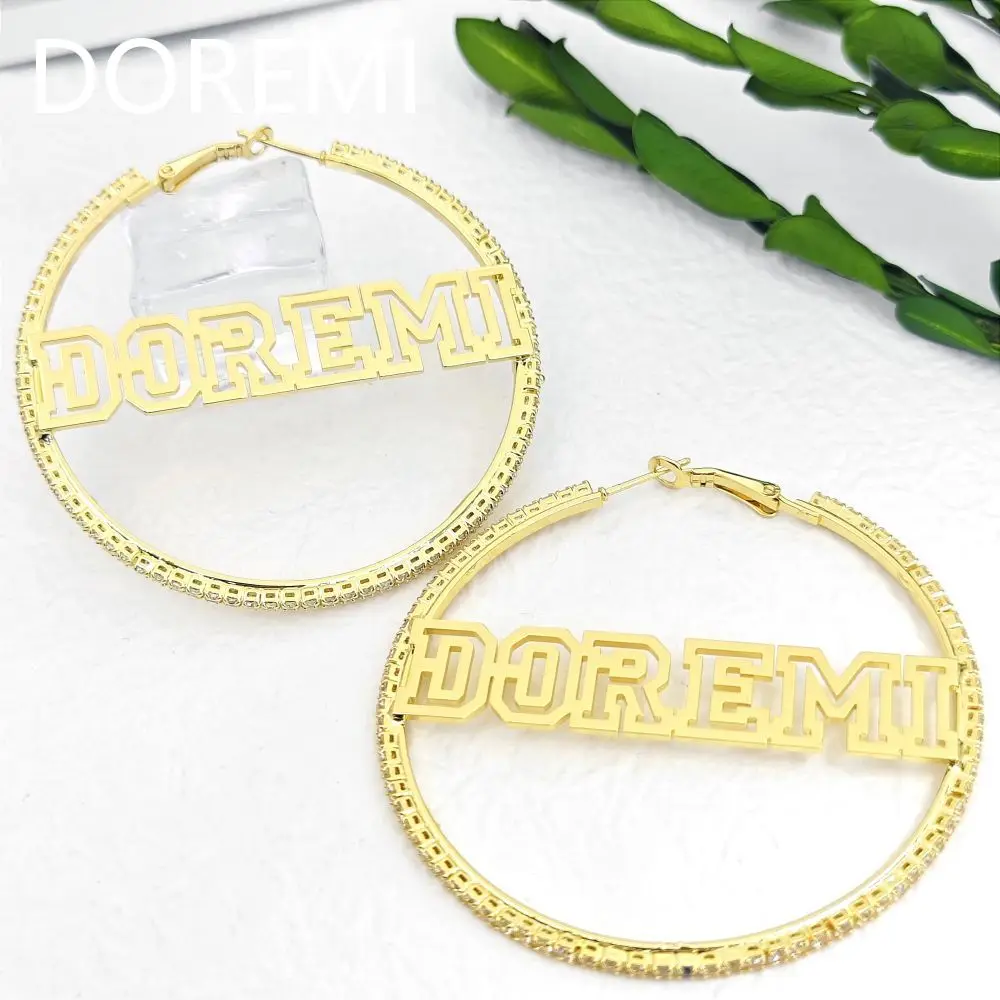 DOREMI Mini Zircon Crystal Hoop Custom Name Earrings Gold Plated Stainless Steel Personalized Jewelry Gift Women Crystal Hoop