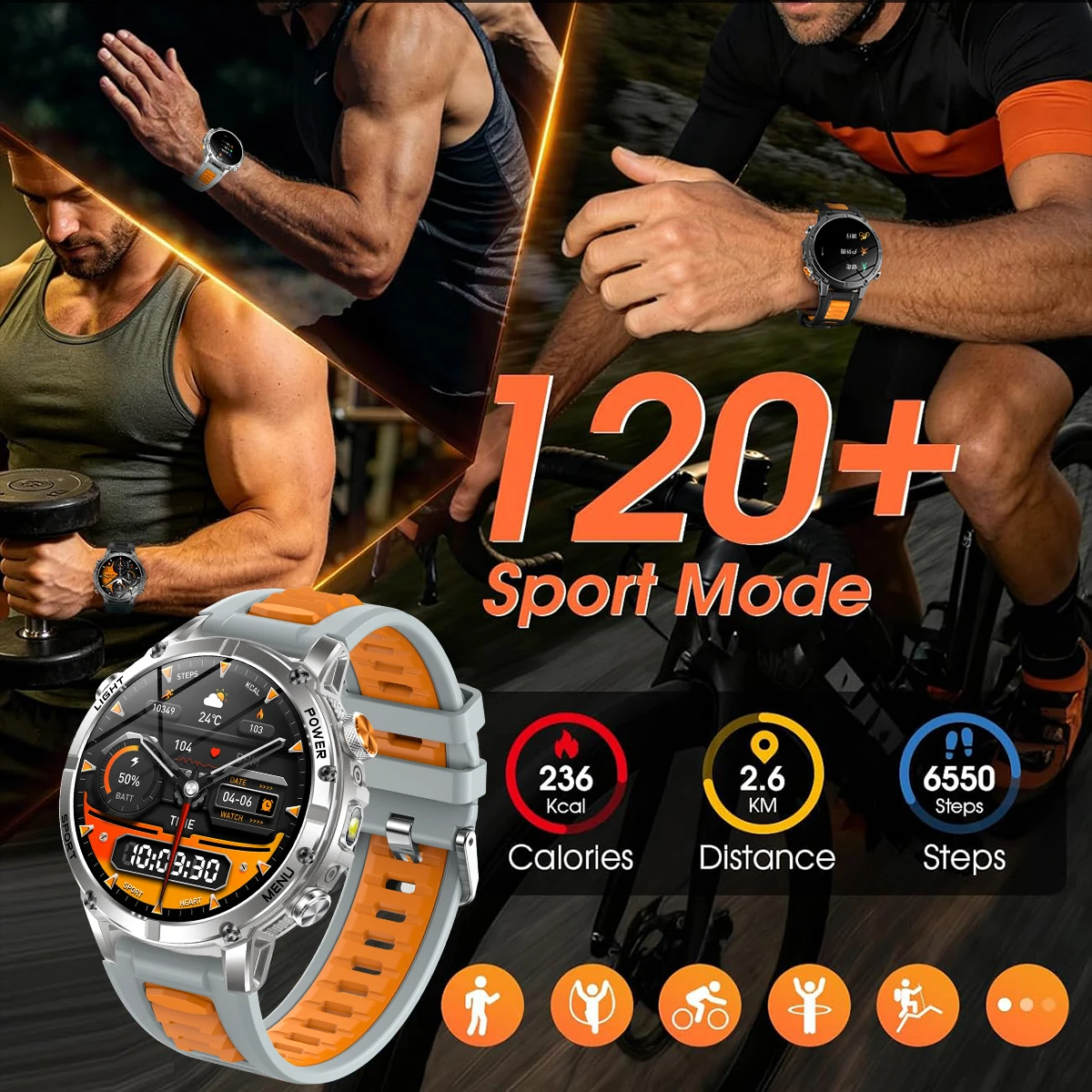 2026 Outdoor Fitness Smart Watch 1.7'' HD Screen 1400mAh Battery IPX8 Waterproof LED Flashlight SOS 120+ Sports Modes BT Call Me