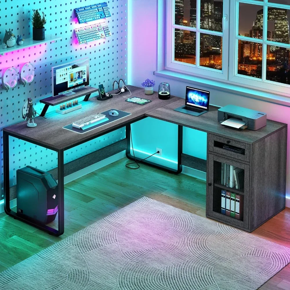 L-shaped desk with drawers, double-sided computer desk with power socket and LED light, corner desk with monitor stand